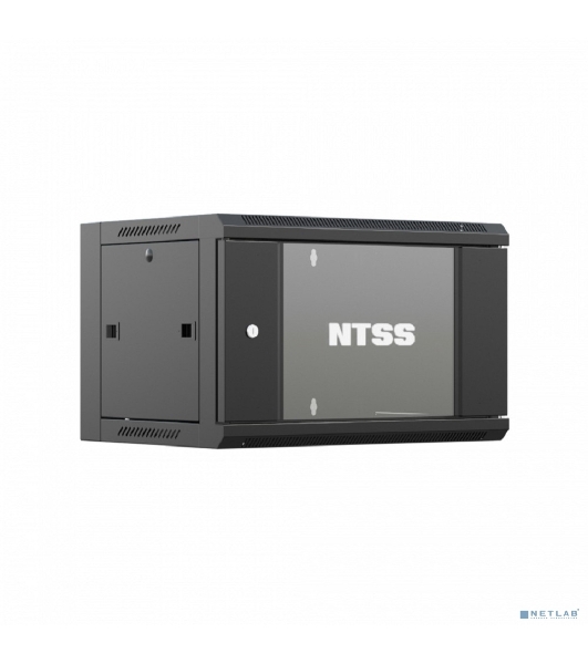 Шкаф настенный телекоммуникационный NTSS W 9U 600х450х500 мм, 2 профиля 19, дверь стеклянная, боковые стенки съемные, задняя стенка, разобранный, черный RAL 9005 NTSS-W9U6045GS-2BL