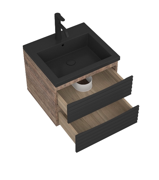 Тумба под раковину Bau Stil Loft black brushed, раковина кварцевая BAU Stil 50, черный металлик, смеситель Dream Black, черный