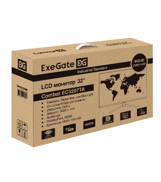 Монитор 31.5' ExeGate Combat EC3207TA VA 2560x1440, 240 Гц, 1 мс, 16:9, 300 кд/м², 1xHDMI, 2xDP, 2xUSB, 3.5 мм, изогнутый R1500, черный