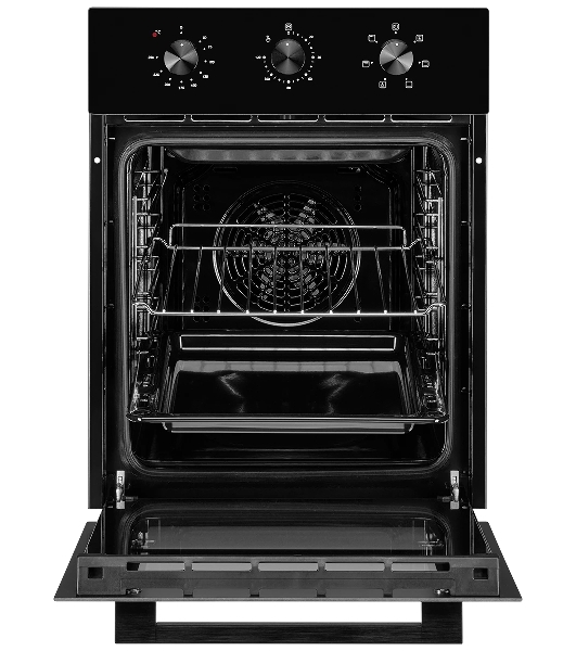 Встраиваемый духовой шкаф Monsher MOE 4563 Noir, электрический, High-Tech, объем 50 л, конвекция, гриль, 3 стекла в дверце, съемные стекла, съемная дверца, телескопические направляющие, черный