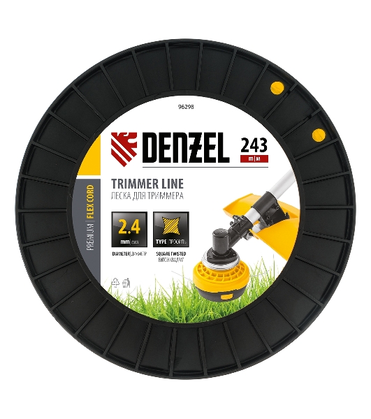 Леска для триммера Denzel витой квадрат, 2,4мм х 243м, на DIN катушке FLEX CORD