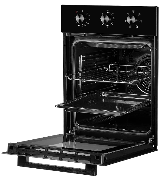 Встраиваемый духовой шкаф Monsher MOE 4563 Noir, электрический, High-Tech, объем 50 л, конвекция, гриль, 3 стекла в дверце, съемные стекла, съемная дверца, телескопические направляющие, черный