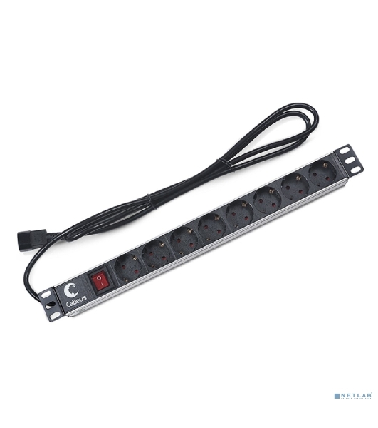 Блок силовых розеток Cabeus, Shuko х 8, вход IEC 320 C14, для шкафов, шнур 2 м, 50х490х50 мм (ВхШхГ), 10А, выключатель, черный
