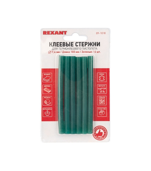Клеевые стержни Rexant, Ø7 мм, 100 мм, зеленые, 6 шт., блистер