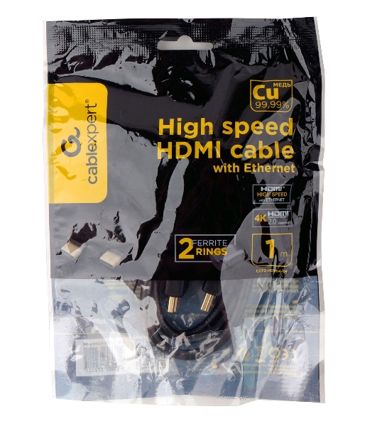 Кабель HDMI Cablexpert CCF2-HDMI4-1M, 19M/19M, v2.0, медь, позол.разъемы, экран, 2 фер.кольца, 1м, черный, пакет