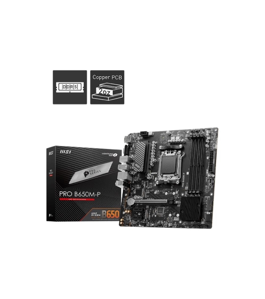 Материнская плата MSI PRO B650M-P, AM5, AMD B650, 4xDDR5, 4xSATA, 2xM.2, 1xPCI-E 4.0 x16, 2xPCI-E 4.0 x1, 1xHDMI, 1xDP, 1xVGA, 1x2.5Gb LAN, 2xUSB 3.2 Gen 1, 2xUSB 3.2 Gen 2, 3x3.5 мм, 7.1, Micro-ATX