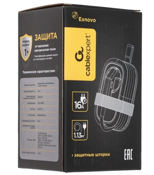 Удлинитель Cablexpert Exnovo mini, EXN-1-CU2-B-1.13, 1р, 16А, 1xType-C PD, 20 Вт, 2хUSB QC, 18Вт, 1.13м, ур.защиты 1+, черный, коробка