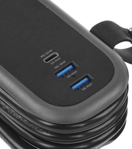 Удлинитель Cablexpert Exnovo mini, EXN-1-CU2-B-1.13, 1р, 16А, 1xType-C PD, 20 Вт, 2хUSB QC, 18Вт, 1.13м, ур.защиты 1+, черный, коробка