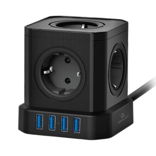 Сетевой фильтр Cablexpert Tower, TWR-5-U4-B-3, 5 р, 10А, 4хUSB, 3.1А, 3 м, ур.защиты 4+, черный, коробка