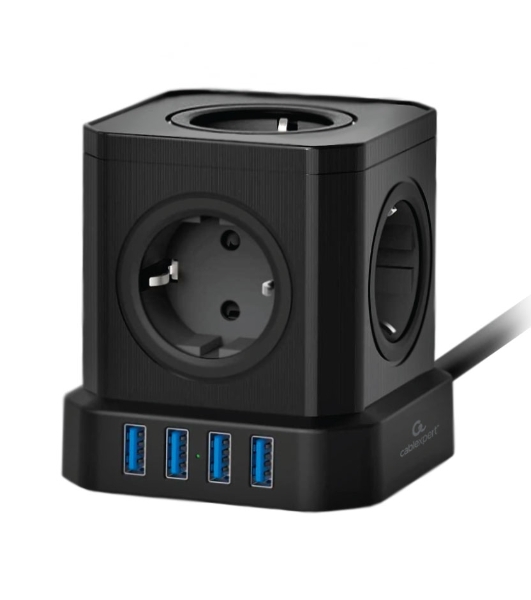 Сетевой фильтр Cablexpert Tower, TWR-5-U4-B-3, 5 р, 10А, 4хUSB, 3.1А, 3 м, ур.защиты 4+, черный, коробка