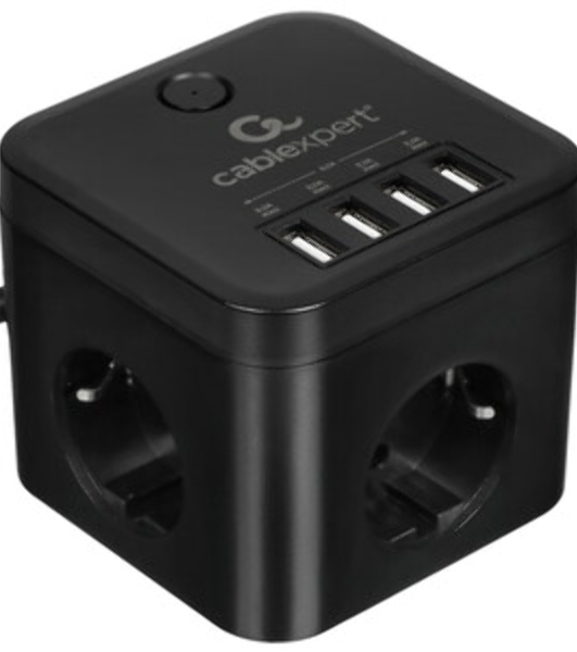 Сетевой фильтр Cablexpert Cube CUBE-3-U4-B-1.5, 3 р, 10А, 4хUSB, 1.5 м, ур.защиты 4+, черный, коробка