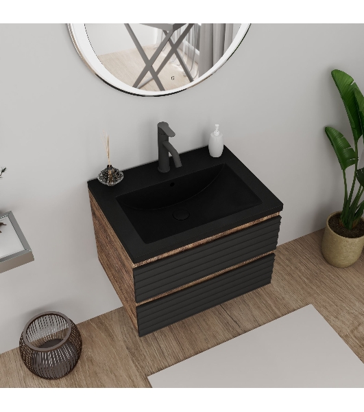 Тумба под раковину Bau Stil Loft black brushed, раковина кварцевая BAU Stil 58, черный металлик