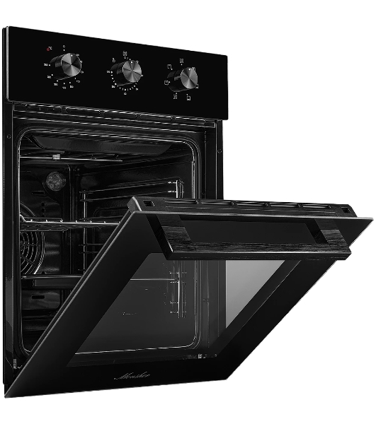 Встраиваемый духовой шкаф Monsher MOE 4563 Noir, электрический, High-Tech, объем 50 л, конвекция, гриль, 3 стекла в дверце, съемные стекла, съемная дверца, телескопические направляющие, черный