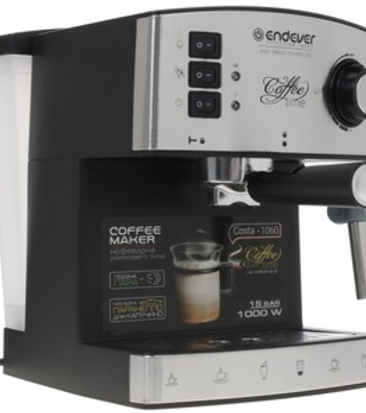 Кофеварка рожковая Endever Costa-1060 черный/стальной, исп. кофе - молотый, 1.6 л, 1000 Вт, 20 бар