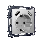 Комплект механизма электрической розетки ALFA Серебро глянец 2USB A+A 18W (быстрая зарядка) с/з QUANT (AP4090, VM155) MA409010, фото 1