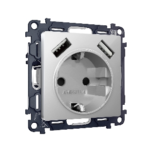 Комплект механизма электрической розетки ALFA Серебро глянец 2USB A+A 18W (быстрая зарядка) с/з QUANT (AP4090, VM155) MA409010