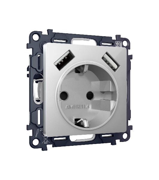 Комплект механизма электрической розетки ALFA Серебро глянец 2USB A+A 18W (быстрая зарядка) с/з QUANT (AP4090, VM155) MA409010