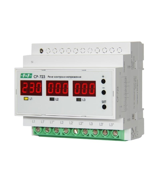 Реле контроля напряжения CP-723 (трехфазное; два режима работы - три однофазных реле или трехфазное реле напряжения; монтаж на DIN-рейке; 100…450 AC 3NO 3х63А) F&F EA04.009.015