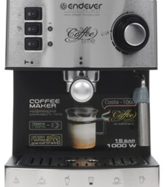 Кофеварка рожковая Endever Costa-1060 черный/стальной, исп. кофе - молотый, 1.6 л, 1000 Вт, 20 бар