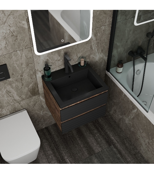 Тумба под раковину Bau Stil Loft black brushed, раковина кварцевая BAU Stil 50, черный металлик, смеситель Dream Black, черный