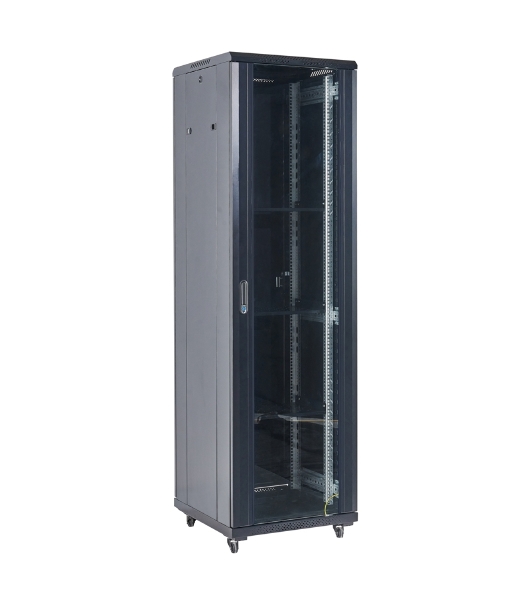 Напольный шкаф Rexant RAL 9005 19' 18U 600×600×987 (ШxГxВ), дверь стекло, металлическая задняя дверь, боковые съемные стенки