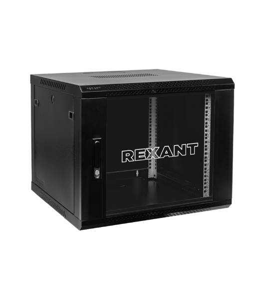 Настенный шкаф Rexant RAL 9005 19' 12U 600×600×635 (ШxГxВ), дверь стекло, металлическая задняя стенка, боковые съемные стенки