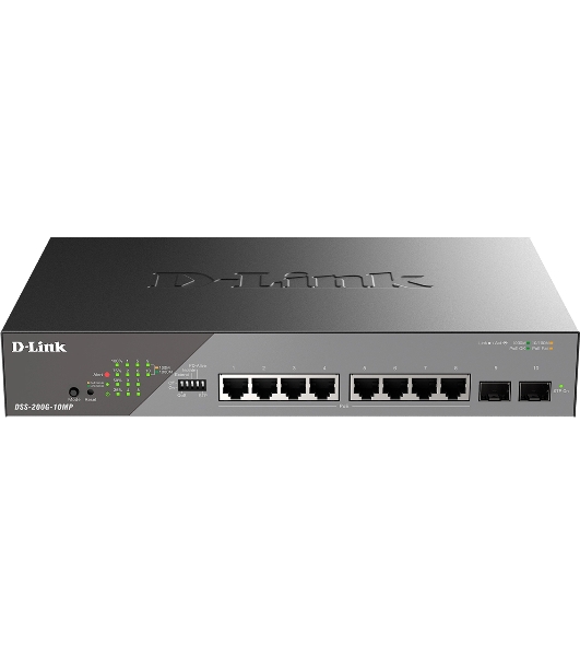 Коммутатор D-Link DSS-200G-10MP/A1A, 8×1 Гбит/с + 2×1 Гбит/с SFP, настраиваемый