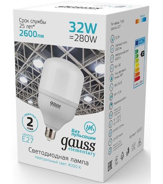 Лампа cветодиодная Gauss Elementary T100 32W 2700lm 6500K E27 LED