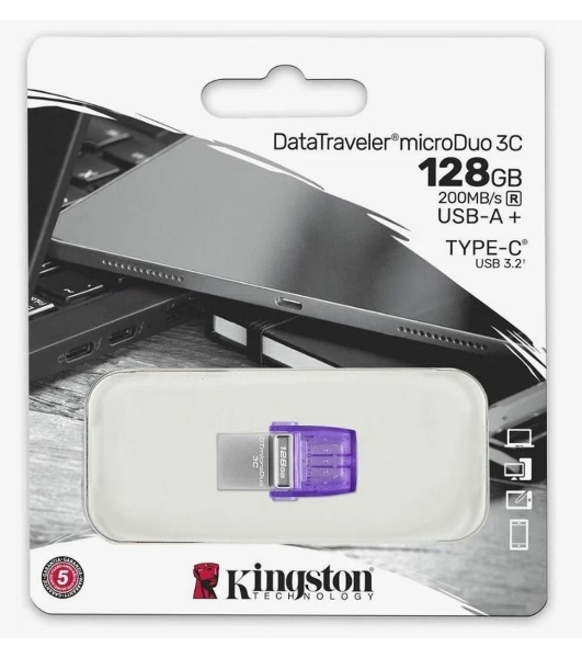 Флешка USB Kingston DataTraveler microDuo 3C (DTDUO3CG3/128Gb), 128Gb, USB 3.2 Gen 1/Type-C, R/W 200/15, фиолетовый