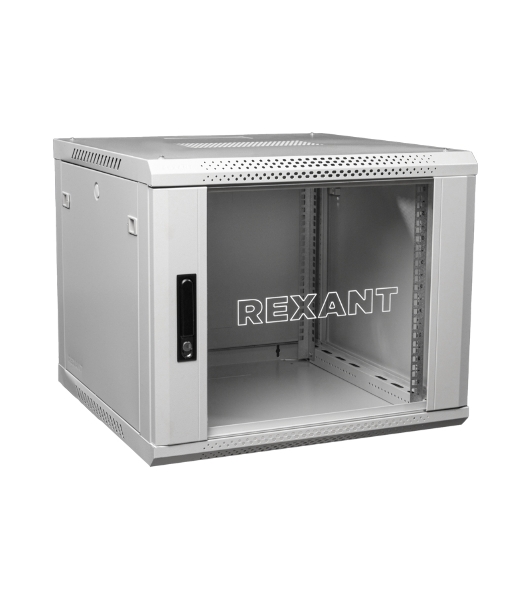 Настенный шкаф Rexant RAL 7035 19' 12U 600×600×635 (ШxГxВ), дверь стекло, металлическая задняя стенка, боковые съемные стенки