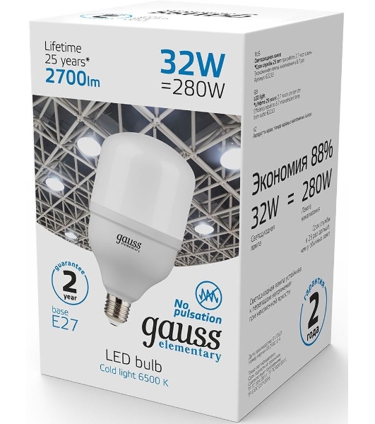 Лампа cветодиодная Gauss Elementary T100 32W 2700lm 6500K E27 LED