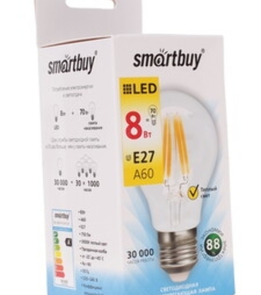 Лампа светодиодная Filament Smartbuy-A60-8W/3000/E27