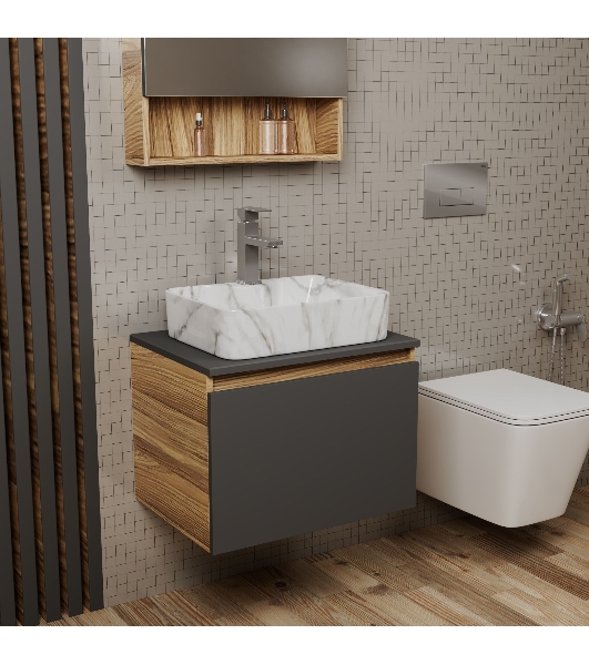 Комплект: тумба Bau Dream Blackwood графит 60, 1 ящик, раковина прямоугольная BAU Cerama 48х37, мрамор, смеситель Hotel Stil, нерж сталь