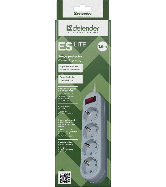 Сетевой фильтр Defender ES Lite, 1.8 м, 4 розетки, серый