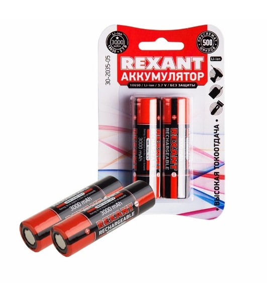 Аккумулятор Rexant 18650 unprotected Li-ion 3000 mAh 3.7 В