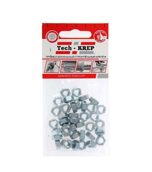 Гайка шестигранная М6 цинк. DIN 934 (уп. 40 шт) пакет Tech-Krep 103025