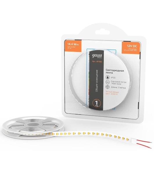 Лента светодиодная Basic Gauss 12V 14,4W/m 1400lm/m 3000K IP20 LED 3m 1/100
