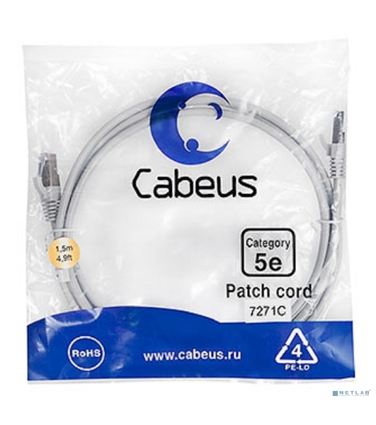 Шнур комм. Cabeus, кат. 5е, экр., F/UTP, RJ45/RJ45, PVC, AWG24, 1.5м, серый