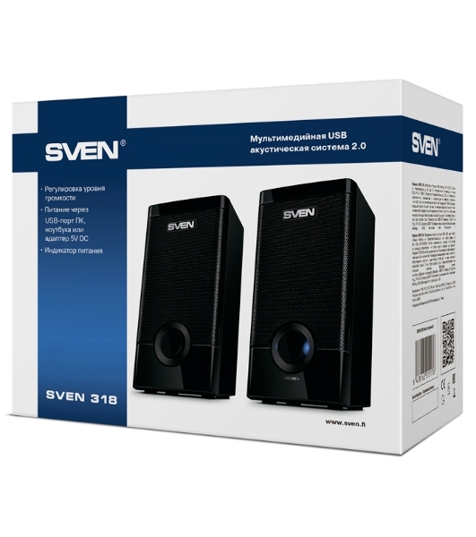 Колонки SVEN 318 черный USB-порт ПК, ноутбука или адаптер 5V DC