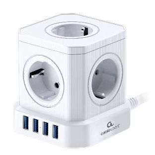 Сетевой фильтр Cablexpert Tower 5 р, TWR-5-U4-W-3, 10А, 4хUSB, 3.1А, 3 м, ур.защиты 4+, белый, коробка