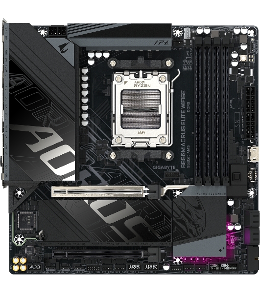 Материнская плата Gigabyte B850M AORUS ELITE WIFI6E, AM5, AMD B850, 4xDDR5, 4xSATA, 2xM.2, 1xPCIe 5.0 x16, 1xPCIe 3.0 x4, 1xDP (v1.4), 1x2.5Gb LAN, Wi-Fi 6E, Bluetooth 5.3, 2xUSB-C 10Gbps, 2xUSB-A 10Gbps, 5xUSB-A 5Gbps, 4xUSB-A 2.0, S/PDIF, 2x3.5 мм, 7.1, mATX