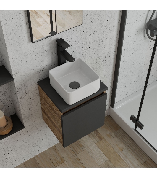 Тумба Bau Dream Blackwood 35 с ящиком, графит, раковина BAU Mini 24х24, смеситель для раковины высокий Hotel Black, черный, выпуск клик клак, черный