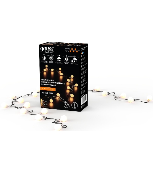 Гирлянда садовая на солнечной батарее Gauss 30 LED ламп Шары белый свет Solar, 1/24