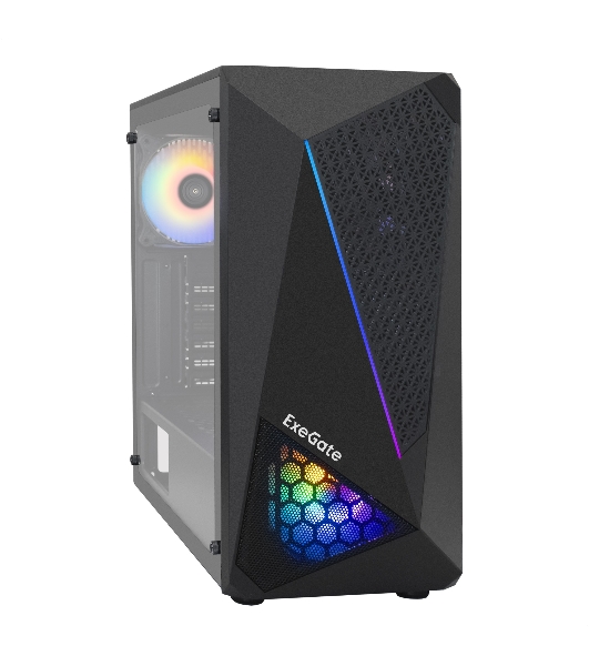 Компьютерный корпус Miditower ExeGate EVO-8225-NPX500 (ATX, БП 500NPX с вент. 12см, 2хUSB+1хUSB 3.0, черный, 2 вент. с RGb подсветкой и полоса на передней панели, боковая панель - закаленное стекло)