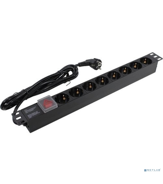 Блок розеток горизонтальный ExeGate ServerPro PDU-19H805 Al-8S-EU3-SW, 19', 1U, Алюминий, 8 Schuko, кабель с евровилкой VDE-250V-16A-3*1.5мм2, 3 метра, выкл. с подсветкой, черный