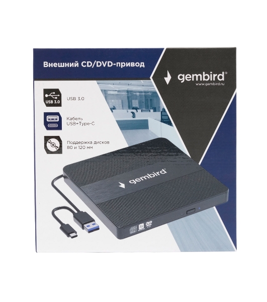 Оптический привод внешний CD/DVD привод USB 3.0 Gembird DVD-USB-03C пластик, черный