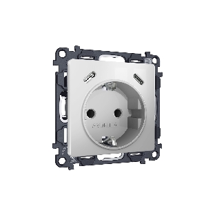 Комплект механизма электрической розетки 2USB С+C 20W с/з на винтовых зажимах 16A-250V ALFA Серебро глянец QUANT (AP4105, VM165) MA410510