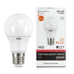 Лампа светодиодная Gauss 23217A LED Elementary A60 7W E27 520lm 2700K 1/10/100 0