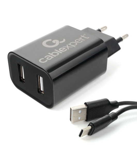 Сетевое зарядное устройство Cablexpert MP3A-PC-37 USB 2 порта, 2.4A, черный + кабель 1м Type-C