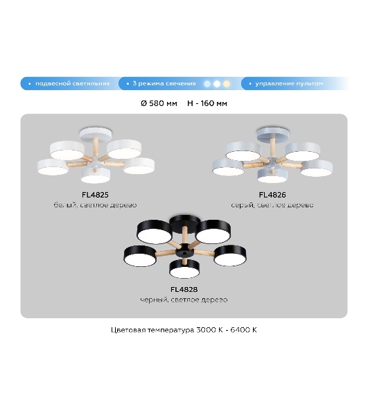Светильник Ambrella light FL4828/5 BK черный 3000K-6400K 65W D580*160 (ПДУ ИК)